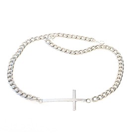 Long Sideways Cross Boot Bracelet 16 Inch Adjustable Size Double Clasp Stainless Steel Faith Jewelry