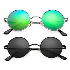 Braylenz 2 Pack Trendy Small Round Polarized Sunglasses for Women Men, Retro Hippie Style Shades Glasses (Silver/Green Mirrored Lens + Black/Black Lens)…