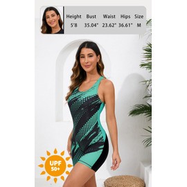 Halcurt Women's One Piece Boyleg Swimsuit Athletic with Shorts Racerback Boyshort Sport Bathing Suit Black Aqua M