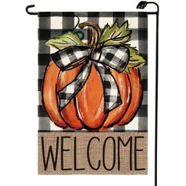 Welcome Fall Pumpkin Garden Flag 12x18 Inch Double Sided Buffalo Plaid Autumn Harvest Thanksgiving Holiday Outdoor Decoration for Yard QJ07