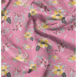 Soimoi Pink Cotton Canvas Fabric Artistic Leaf & Floral Decor Fabric Printed metre 56 Inch Wide