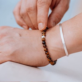 Nato Cuff - 925 Sterling Silver Bracelet - Tiger's Eye Yellow Beads Semi-Precious Stones - Men's and Women's Jewellery Handmade in France, Sterling Silver, Tiger's Eye