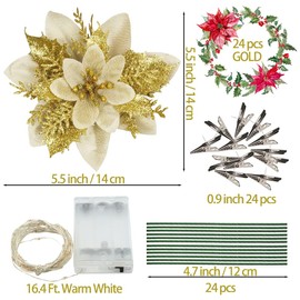 24 Pcs Christmas Artificial Poinsettia Flowers, 5.5" Christmas Tree Ornaments with Clips and Stems Glitter Christmas Tree/Xmas Wreaths/Wedding/Garland Holiday Decoration (Pure Flower Gold)