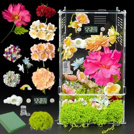 Jumping Spider Enclosure,DIY Insects Habitat,Small Reptile Terrarium Glass House Accessories Set,with Temperature and Humidity Detector Water Feeder Platform Hide,5.5“x5.5”x9.5“ (Garden)