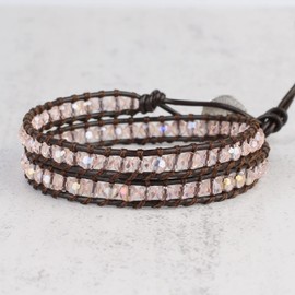 KELITCH Pink Crystal Beads Brown Leather Bracelet Women, 2 Wraps