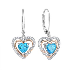Aprila Heart Dangle Earrings 925 Sterling Silver Leverback Drop Earrings with 5A Cubic Zirconia March Birthstone Aquamarine Color 2-tone White Gold&Rose Gold Plated