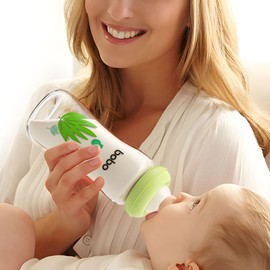 YOHKOH Natural Glass Baby Bottle with Natural Response Nipple, Newborn Anti-Colic Baby Bottles, Wide Neck Mushroom Cap Baby Bottle, Clear (8.8oz (Pack of 4), Green)