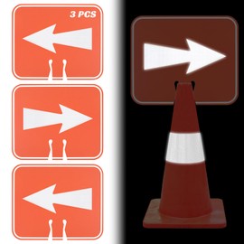 3 Pcs Traffic Cone Sign, 12.6" x 10.4" Orange Detour High Intensity Reflective Plastic Reversible Arrow Signs, Road Barricade Outdoor Construction Top Warning Directional Signs