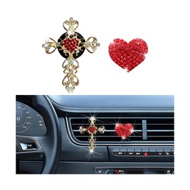 Bittwee Bling Car Air Vent Clip, 2PCS Rhinestone Cross and Heart Vehicle Air Conditioner Outlet Vent Charm, Cute Diamond Decoration Clamp, Universal Automotive Interior Accessories (Red)
