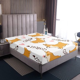 Erosebridal Kid Corgi Dog Sheet Set Twin Cute Puppy Fitted Sheet Cartoon Pet Dog Bed Sheets Set Happy Farm Animal Love Pattern Flat Sheet, 3 Pieces Top Sheet with 1 Pillow Sham Deep Pocket, White