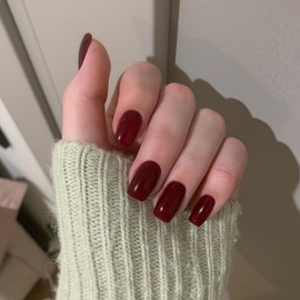 Burgundy Red Press on Nails Medium Short Square,Xcreando Glue on Nails Solid Glossy Medium Nails Full Cover Acrylic Fake Nails for Women and Girls Daily Wear 24 Pcs