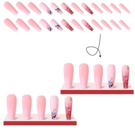 TBRZTR Extra Long Pink Square Press On Nails, 24 Pcs, Full Cover, Reusable, Glossy, Flower & Totem Design, DIY Glue On Nails