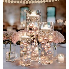 100 Floating Rose Gold Pearls with Rose Gold Sparkling Gems- Large Sizes- 6 Warm White Submersible Fairy Lights Strings Hidable Submersible Batteries- 2 Gallons of Transparent Water Gels for Vases