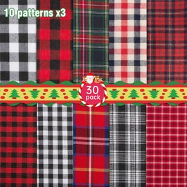 30pcs Christmas Plaid Cotton Fabric- 10 x 10inch Xmas Quilting Fabric Squares in 10 Styles Christmas Fat Quarters Fabric DIY Fabric Supplies for DIY Sewing Quilting Patchwork Homemade Crafts Presents