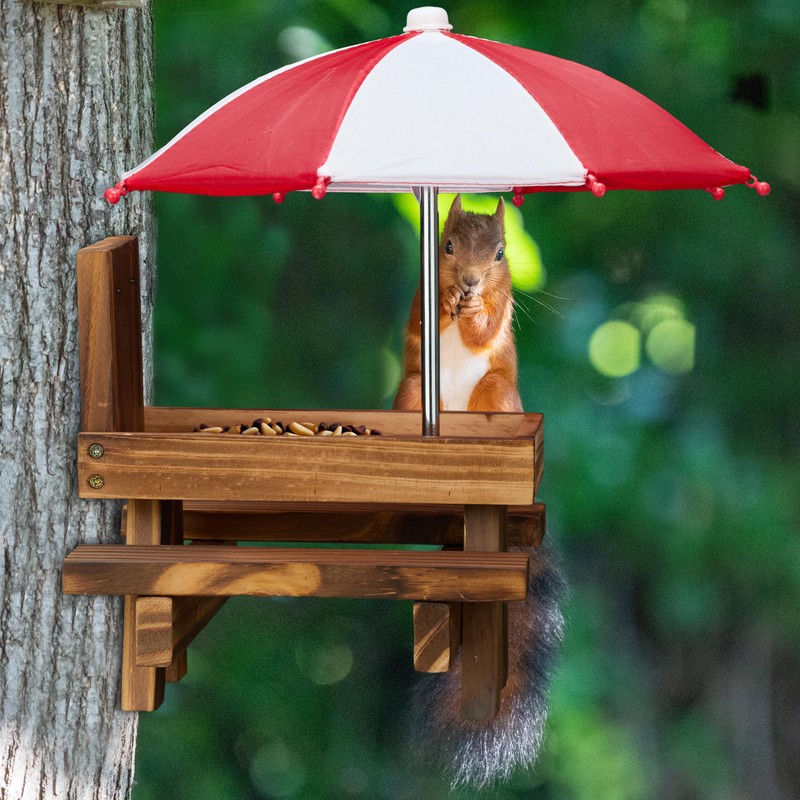 Relaxdays Squirrel Table Wooden Squirrel Bench with 2 Umbrellas Squirrel