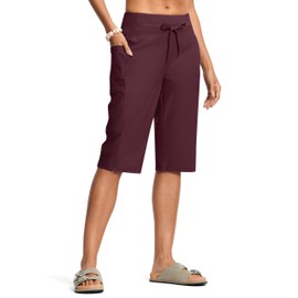 ISEEGZ Women's Swim Capris Pants 15" High Waist Tummy Control Quick Dry UPF 50+ Long Board Shorts with Liner and Pockets Burgundy L