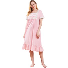 Nanxson Women's Cotton Nightdress Short Sleeve Sleepwear Victorian Nightwear Lounge Dress (S, Pink-62)