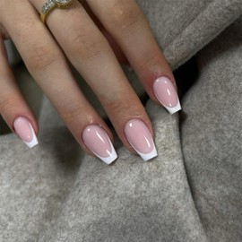 White French Tip Press on Nails Medium Short Coffin Nails Press ons, Glue on Nails for Women Acrylic French Nails Short Gel Nails Natural Thick Medium French Fake Nails 30Pcs 15 Sizes