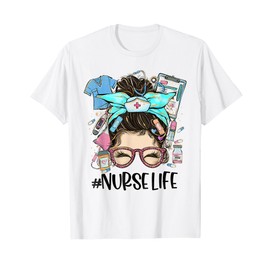 Nurse Life Messy Bun Leopard Glasses Bandana Nurse Week 2025 T-Shirt