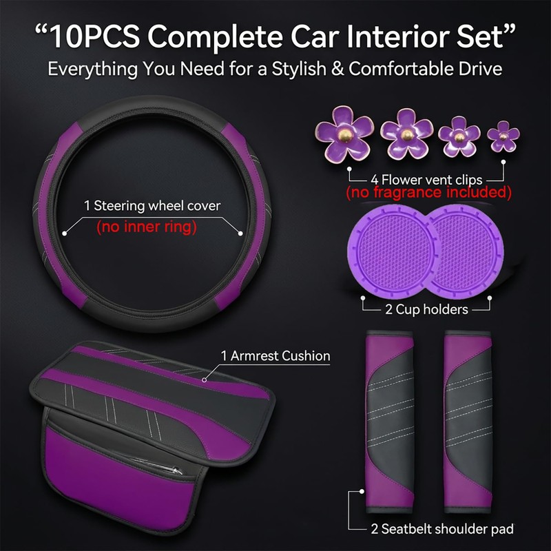 10PCS Car Interior Accessories Sets,Steering Wheel Cover, Seat Belt Cover