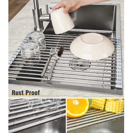 Tomorotec Stainless Steel Roll-Up Dish Drying Rack Marble Color Silicone Edges, Foldable Kitchen Rack Heat Resistant Trivet Supports up to 70 lbs, Food Safe for Dishes, Cookware & More