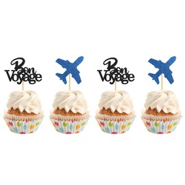 INNORU Bon Voyage Cupcake Toppers, Travel Theme Party Cupcake Decor, Moving Away, Going Away, Airplane Sign Baby Shower, Graduation Retirement Party Decorations Supplies, Pack of 24 Glitter