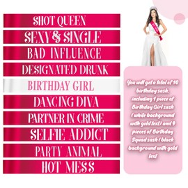 10 Pieces Birthday Sash for Women Birthday Party Supplies Happy Birthday Sash for Birthday Queen Sash Birthday Party Favors, 2 Colors(Pink, White)