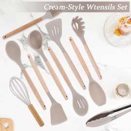 11 Stücke Kochutensilien Set, Silikon Kochbesteck Set Küchenutensilien, küchenset mit Utensilienhalter, Antihaft Küchengeräte Set mit Holzgriff, Kochgeschirr, Küchen Utensil, Spülmaschinenfest