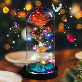 BOJOOM Cúpula de Cristal con Rosa encantada para Siempre diseño de La Bella y la Bestia, Rosa Flower de lámina Oro 24 Quilates con Luces LED, romántico Regalo para Novia,San Valentín, Navidad (Rojo)