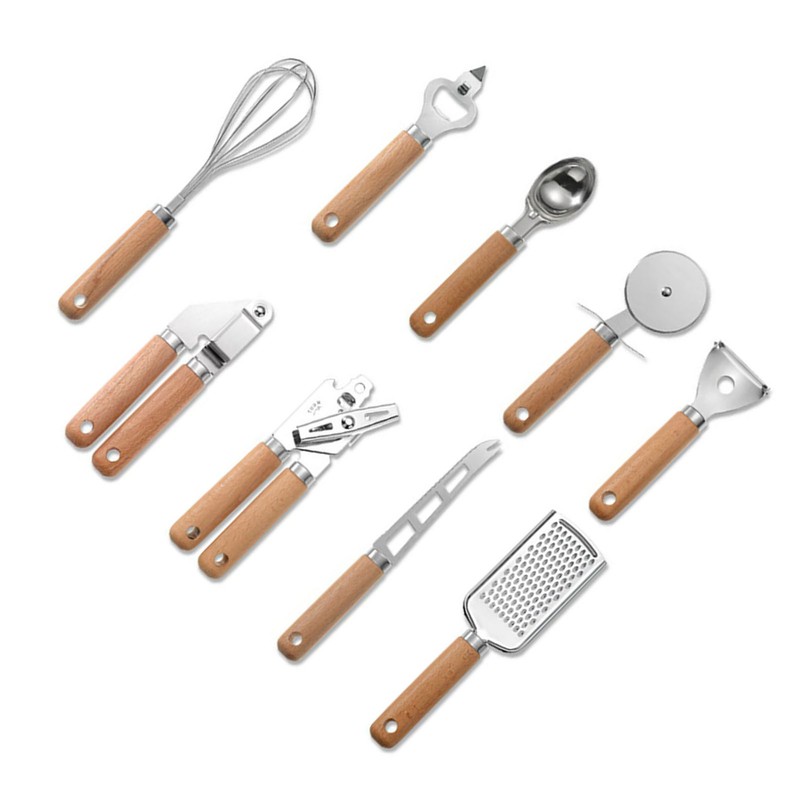 9PCS Kitchen Utensil Set Stainless Steel Wooden Handle Portable Baking