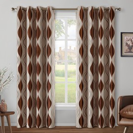 HOMEIDEAS Wave Room Darkening Curtains 52 X 84 Inch Long Brown and Beige Set of 2 Panels Bedroom Curtains/Drapes,Jacquard Grommet Window Curtains for Living Room