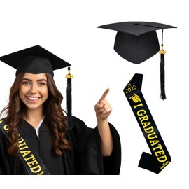 GUBOOM Graduation Hat Set - Bachelor Hat Graduation Cap and Exam Passed Sash 2025 Decoration - Adjustable Universal Size (51-60 cm) with Tassel & Pendant - for Graduations, University (Black), black