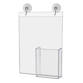Marketing Holders 8.5”W x 11”H Document Holder with Tri Fold Pocket Double Sided Suction Cups Window Glass Mount Sign Hooks Maps Menus Store Office Organizer Handout Brochure Office Hours Notices