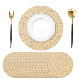 50 manteles individuales de papel dorado claro, desechables de 34 cm, brillantes, redondos, decorativos, con purpurina, para cumpleaños, bodas, festividades, fiestas, decoración de mesa y vajilla con