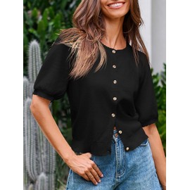 Saodimallsu Womens Puff Short Sleeve Cardigan Lightweight Summer Button Down Shirts Knit Crew Neck Sweater Tops Black