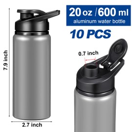 CHENGU 10 Pieces Water Bottle Bulk 20 oz Aluminum Reusable Bottles Lightweight Snap Lid Water Bottle Easy Carry Leak Proof Travel Bottles for Gym Sports Camping Hiking Fishing (Gray)