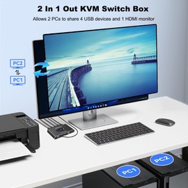 Hxwlo KVM Switch 1 Monitors 2 Computers, USB HDMI KVM Switches for 2 Computers Share 4 USB Device and 1 Monitor, USB Switch 2 Computers Support 4K@60Hz, HDMI Switch Keyboard Mouse Switch