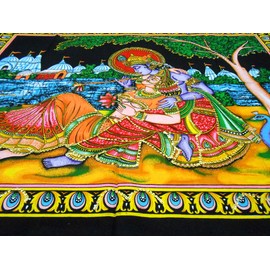 Divine Lovers Radha Krishna Hindu God sequin Batik Cotton Wall Tapestry 40" X 30"