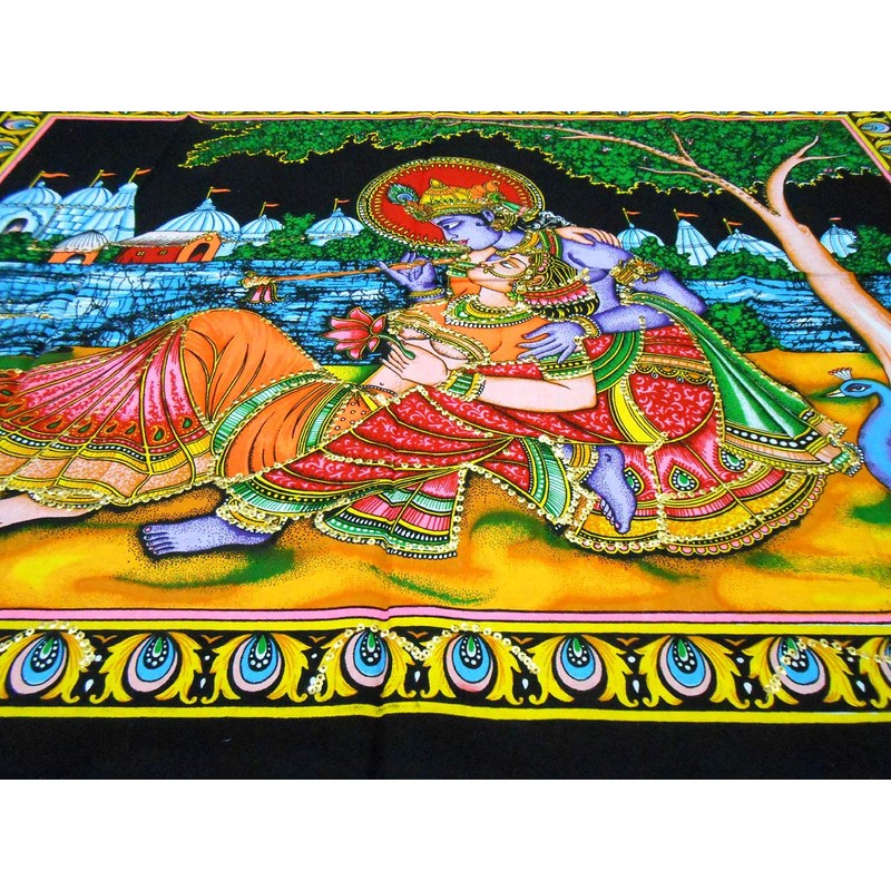 Divine Lovers Radha Krishna Hindu God sequin Batik Cotton Wall