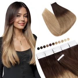 Elailite Tape-In Extensions, Real Hair, Glue Hair Extensions, Brown, 20 Pieces, Straight Hair, Invisible, 40 g, 30 cm, #4T27 Medium Brown, Ombre, Dark Blonde