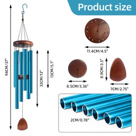 YouNuo Wind Chimes for Outdoor - 37 Inches Large Aluminum Memorial Wind Chime with 6 Tubes, Soothing Deep Tones for Garden, Patio, Balcony, Yard Decor - Mom Birthday Gift, Blue