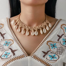 Chennie Boho Cowrie Shell Choker Necklace Khaki Handmade Adjustable Rope Necklaces Beach Seashell Chain for Women