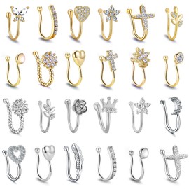 TAMHOO 24pcs Fake Nose Ring for Women,Gold Plated Nose Rings for Women,CZ Nose Cuffs for Non Pierced Nose,