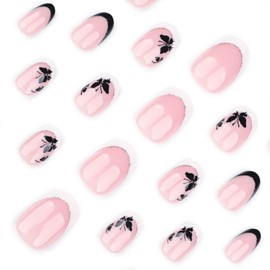Oval Press on Nails Short Fake Nails Black White French Tip Nails Press ons Glossy Glue on Nails Nude Acrylic Nails with Butterfly Designs Fall False Nails Artificial Stick on Nails for Women 24Pcs