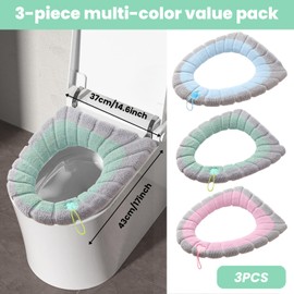 3PCS Toilet Covers, Winter Warmer Toilet Seat Cover with Handles, Bathroom Soft Washable Toilets Seat Cover Pads, Built-In Shaping Hose, Easy To Disassemble, Stretchable for Most Toilets