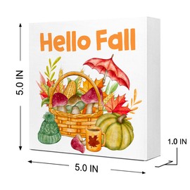 Fall Table Decor,Watercolor Autumn Harvest Thanksgiving Basket Pumpkin Leaves Mushrooms Wood Block Sign Desk Decor,Rustic Fall Seasonal Wooden Box Sign for Farmhouse Home Shelf Table Decoration Q678