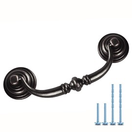 MuDuJia 10-Pack 3 1/2" C-C Shabby Chic Drawer Pulls Handles Antique Black Kitchen Cabinet Drop Bail Pulls Handles (10, 3.5" Hole Center/Antique Black)