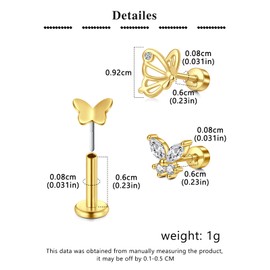 MODRSA Gold Cartilage Earring for Women Flat Back Hypoallergenic Earrings Threadless Helix Earring Tragus Studs 6mm Gold Cartilage Jewelry Flatback Surgical Steel Butterfly Earrings for Women