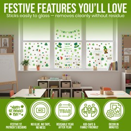 Iconikal 91-Piece Gel Window Clings St. Patrick's Day - Reusable Shamrock Leprechaun Four Leaf Clover Irish Decorations