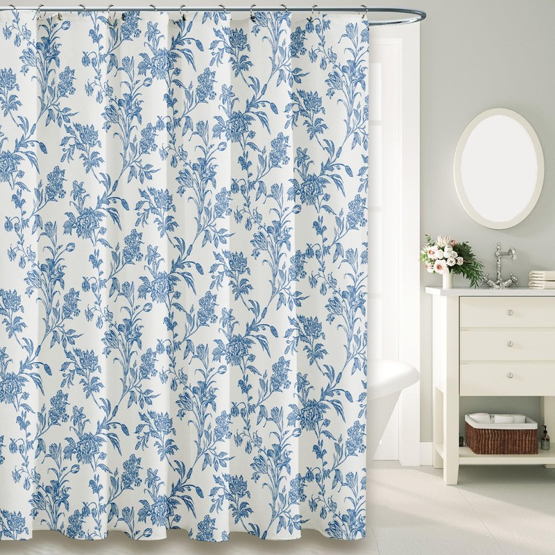 Extra Long Shower Curtain Blue Floral Cotton Cottagecore Shower Curtain